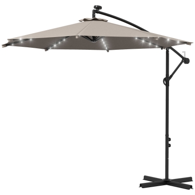 Outsunny 10ft Outdoor Cantilever Umbrella Banana Umbrella with Solar Lights and Adjustable Angle for Patio Backyard Khaki