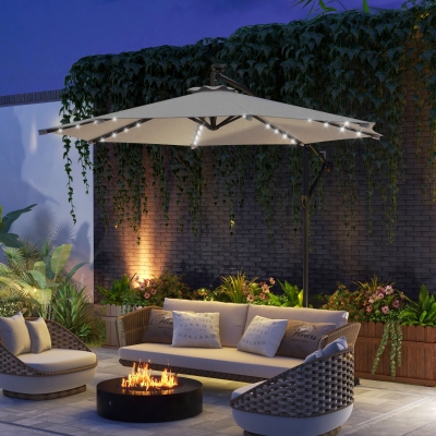 Outsunny 10ft Outdoor Cantilever Umbrella Banana Umbrella with Solar Lights and Adjustable Angle for Patio Backyard Light Grey