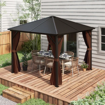 Outsunny 10' x 10' Hardtop Gazebo Canopy, Patio Pavilion, Dark Brown