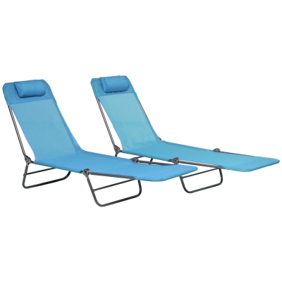 Outsunny Set of 2 Folding Chaise Lounge Chairs, Outdoor Poolside Sun Tanning Chairs w/ Pillow, Reclining Backrest, Blue