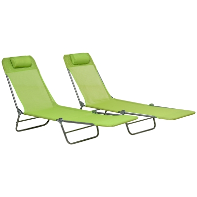 Outsunny Set of 2 Folding Chaise Lounge Chairs, Outdoor Poolside Sun Tanning Chairs w/ Pillow, Reclining Backrest, Green