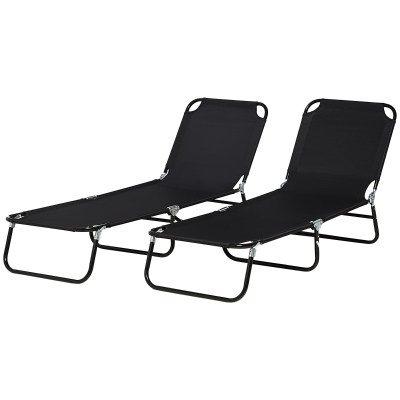 Outsunny Set of 2 Folding Outdoor Lounge Chair, Sun Tanning Chairs with Reclining Back, Breathable Mesh for Beach Patio, Black