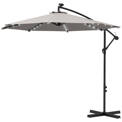 Outsunny 10ft Outdoor Cantilever Umbrella Banana Umbrella with Solar Lights and Adjustable Angle for Patio Backyard Light Grey