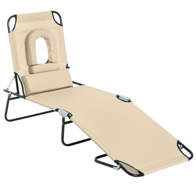 Outsunny Outdoor Lounge Chair, Garden Folding Chaise Lounge w/ Adjustable Backrest, Face Hole and Support Pillow, Beige
