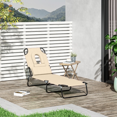 Outsunny Outdoor Lounge Chair, Garden Folding Chaise Lounge w/ Adjustable Backrest, Face Hole and Support Pillow, Beige