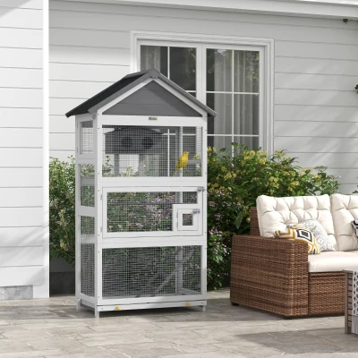 PawHut Wooden Bird Aviary with Slide-Out Tray, Gray