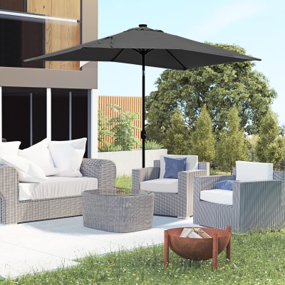 Outsunny 6' x 10' Patio Umbrella with 22 LED Solar Lights and Tilt, Rectangular Outdoor Table Umbrella with Crank, Dark Grey