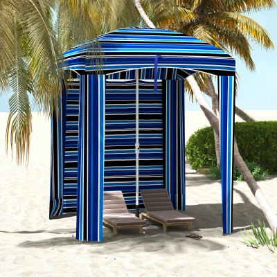 Outsunny 5.8' Cabana Umbrella with Walls & Vents, Blue Stripe