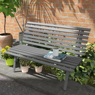 Outsunny Outdoor Aluminum Patio Bench, Lightweight Slatted Seat, Gray