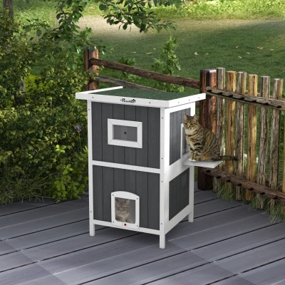 PawHut Wooden Outdoor Cat House, Weatherproof for 1-2 Cats, Gray