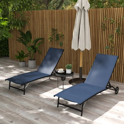 Outsunny 2-Piece Adjustable Outdoor Chaise Lounge Chairs, Dark Blue