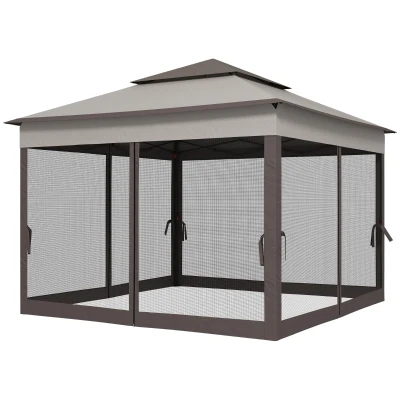 Outsunny 11' x 11' Pop Up Canopy 2-Tier Soft Top Shelter Event Tent w/ Netting Carry Bag for Patio Backyard Garden, Grey
