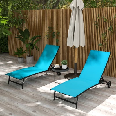 Outsunny 2-Piece Adjustable Outdoor Lounge Chairs with Wheels, Blue