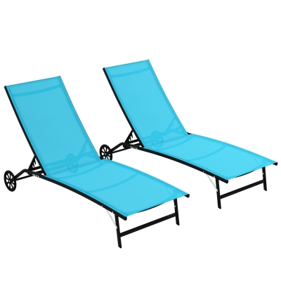 Outsunny 2-Piece Adjustable Outdoor Lounge Chairs with Wheels, Blue