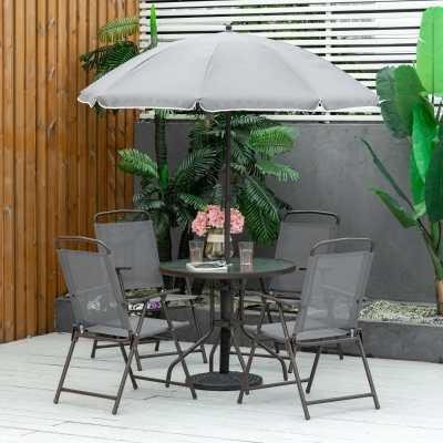 Outsunny 6 Pieces Outdoor Dining Set for 4 with Umbrella Patio Outdoor Furniture Set with Round Table 4 Folding Chairs Grey