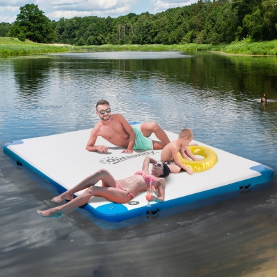 Outsunny 10' x 7' Water Floating Dock, Rafting Inflatable Island with Air Pump and Backpack for Pool, Beach, Ocean, Blue