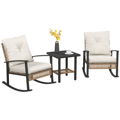Outsunny 3-Piece Bistro Set, Wicker Rocking Chairs, White
