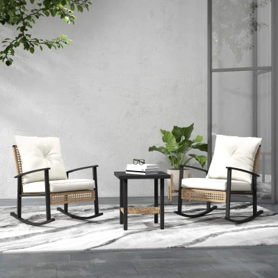 Outsunny 3-Piece Bistro Set, Wicker Rocking Chairs, White