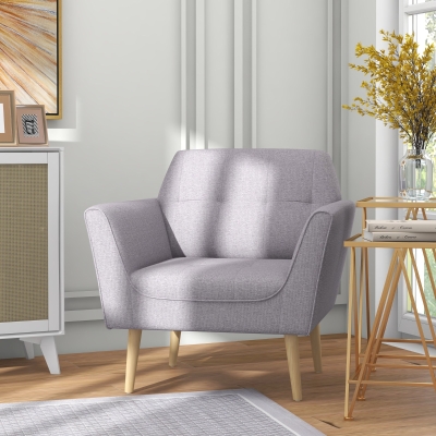 HOMCOM Upholstered Armchair, Modern Accent Chair with Tufted Pattern, Rubber Wood Legs for Living Room, Bedroom, Grey