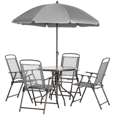 Outsunny 6 Pieces Outdoor Dining Set for 4 with Umbrella Patio Outdoor Furniture Set with Round Table 4 Folding Chairs Grey