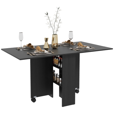 HOMCOM Foldable Dining Table with Storage Shelves, Drop Leaf, and Rolling Wheel