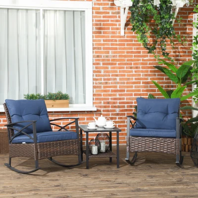 Rattan Rocking Chair Set 26.8" W x 34.6" D x 31.3" H Dark Blue