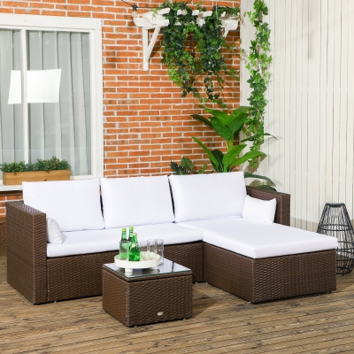 Outsunny 3pcs Modern Rattan Sofa Set, Wicker Patio Furniture Set with Coffee Table, Cushions, Pillows