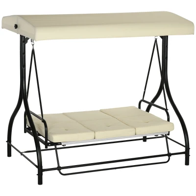 Outsunny Convertible Patio Swing Bed with Canopy and Cushions, 3 Seater Porch Swing for Outdoor, Backyard, Garden, Beige
