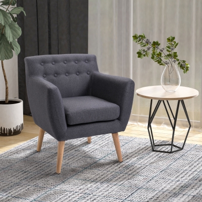 HOMCOM Linen Upholstery Armchair, Mid-Century Modern Accent Chair with Wood Frame and Thick Padding, Dark Grey