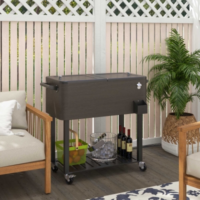 Outsunny Outdoor Beverage Cooler Bar Cart, 67-Qt Patio Cooler Cart Rolling Ice Chest with Shelf, Bottle Opener and Wheels, Grey