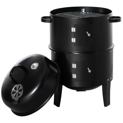 Outsunny 3-in-1 Vertical Charcoal BBQ Smoker, 16" Round Barbecue Grill with 2 Cooking Areas and Thermometer, Black