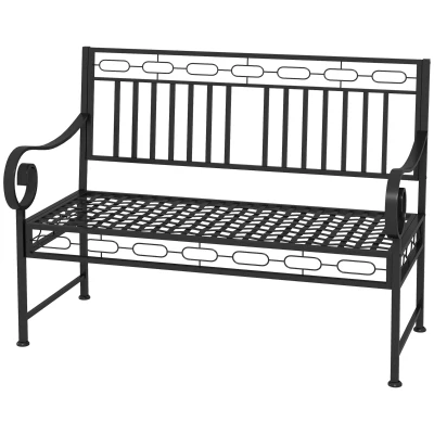 Outsunny 44" Metal Park Bench, 2 Seater Garden Bench with Decorative Backrest and Grid Seat for Patio, Backyard, Lawn, Black