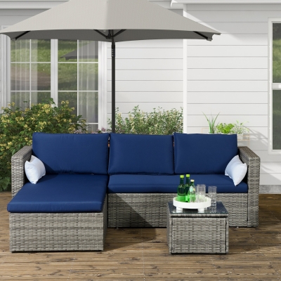 Outsunny 3pcs Modern Rattan Sofa Set, Wicker Patio Furniture Set with Coffee Table, Cushions, Pillows
