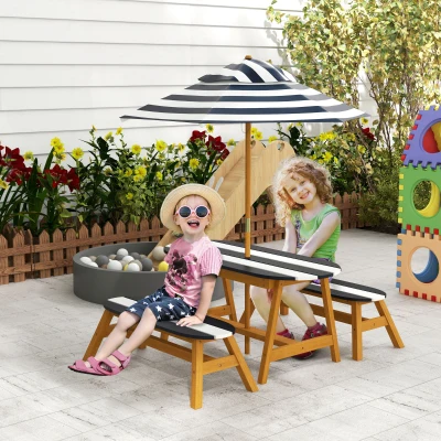 Outsunny Kids Table Set with Umbrella, Wooden for Ages 3-8