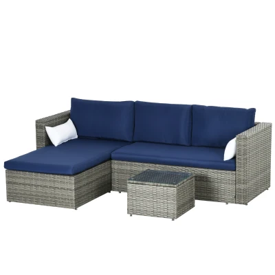 Outsunny 3pcs Modern Rattan Sofa Set, Wicker Patio Furniture Set with Coffee Table, Cushions, Pillows