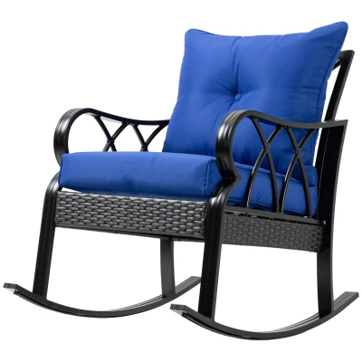 Outsunny Outdoor Wicker Rocking Chair with Padded Cushions for Garden, Patio, and Backyard, Blue