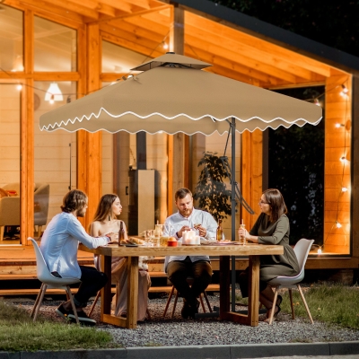 Outsunny 8' x 8' Square Double Top Offset Patio Umbrella Garden Parasol with Solar LED Lights, Ruffles and Weights, Khaki