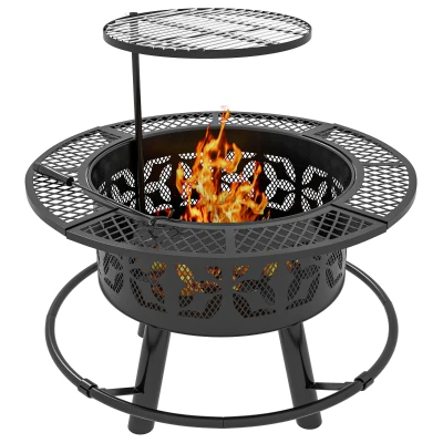 Outsunny Wood Burning Fire Pit Charcoal BBQ Grill, Portable Firepit with Adjustable Grill Grate, Pan and Poker, 33", Black