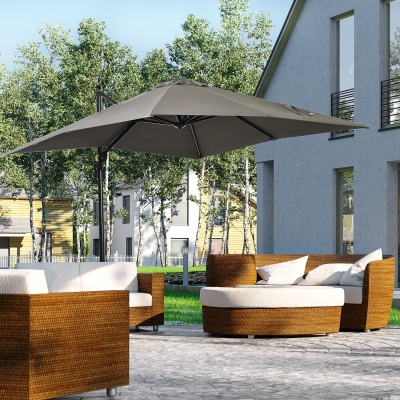 Outsunny 8' x 8' Square Patio Hanging Offset Umbrella with 360° Rotation, Aluminum Outdoor Cantilever Market Parasol, Light Grey