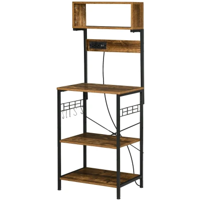 HOMCOM Baker's Rack with Charing Station, Microwave Shelf with Power Outlet, USB Charger and 5 Hooks, Rustic Brown
