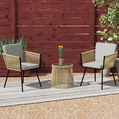 Outsunny 3 Piece Outdoor Patio Bistro Set, Wicker Rattan Furniture with Metal Legs for Garden, Backyard, Coffee and Light Grey