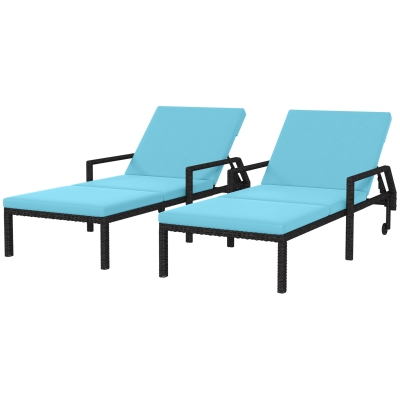 Outsunny 2 Piece Wicker Chaise Lounger PE Rattan Outdoor Lounge Chair Recliner with Adjustable Backrest and 2 Wheels, Sky Blue
