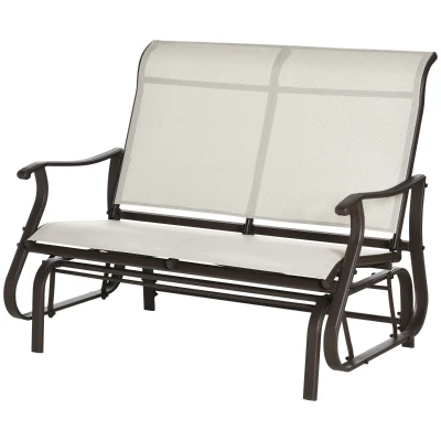 Outsunny Garden Double Gliding Chair, Patio Glider Armchair for Outdoor, Backyard Mesh Seat and Backrest, Steel Frame Cream White