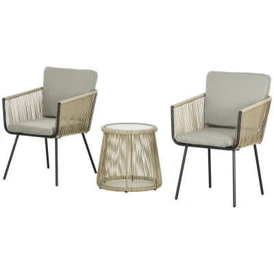 Outsunny 3 Piece Outdoor Patio Bistro Set, Wicker Rattan Furniture with Metal Legs for Garden, Backyard, Coffee and Light Grey
