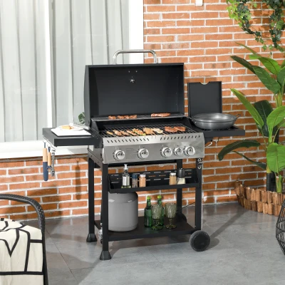 Outsunny 4-Burner Propane Gas Grill, 40,000 BTU Outdoor BBQ, Black