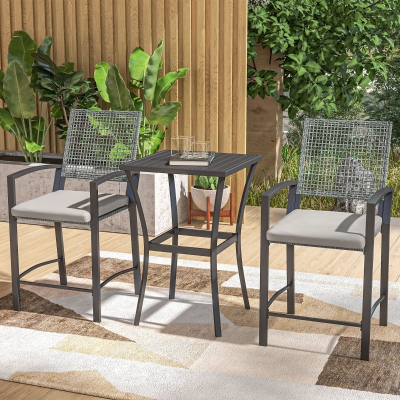 Outsunny 3pc Rattan Patio Bar Table and Bar Chairs w/ Cushions Home Bar Furniture