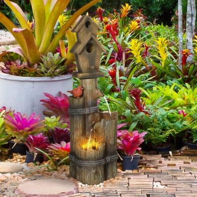 Outsunny Outdoor Fountain, Garden Waterfall with Birdhouse, 3-Tier Tree Trunk Design, LED Lights for Porch, Deck, Yard, Brown