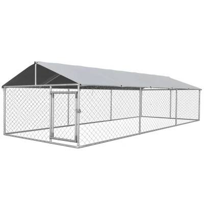 PawHut 19.7' x 7.5' x 4.9' Outdoor Dog Kennel Dog Run with Waterproof, UV Resistant Cover for Medium Large Sized Dogs, Silver