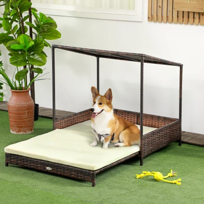 PawHut Extendable Wicker Dog Bed with Roof, Mixed-Brown
