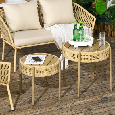 Outsunny Wicker Patio Table Set, Slatted Metal Top, Brown